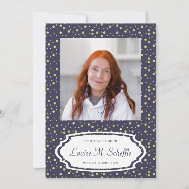 Blue With Gold Dots Celebration of Life Memorial Invitation (Front)