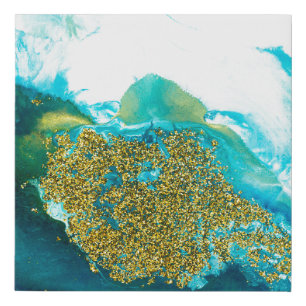 Blue with gold glitter fluid art, creative abstrac faux canvas print