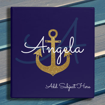Blue With Golden Anchor  Nautical Custom Binder by mixedworld at Zazzle