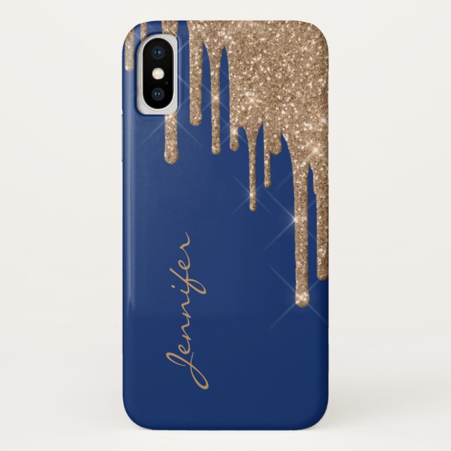 Blue with Golden Glitter Drips iPhone X Case (Back)