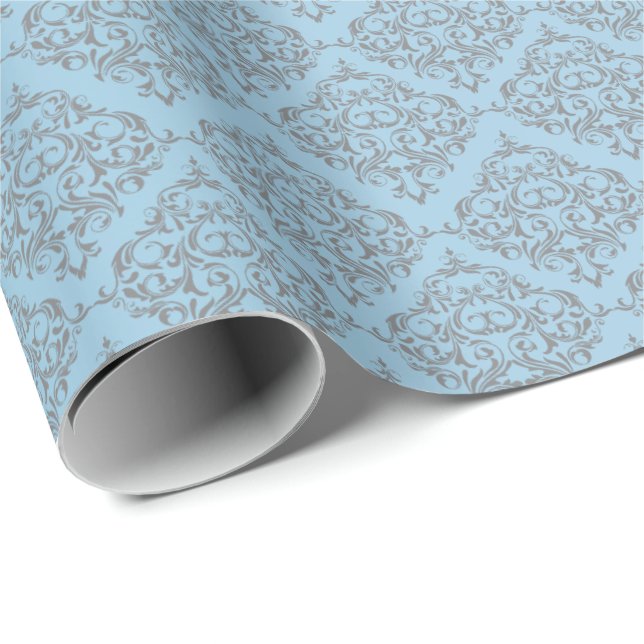 Blue with Gray Damask Pattern Wrapping Paper (Roll Corner)