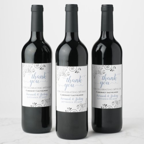 Blue with Gray Frills on White Wedding Thank You Wine Label