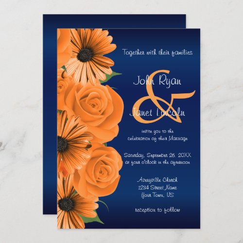 Blue with Orange Rose  Daisy Wedding Invitations