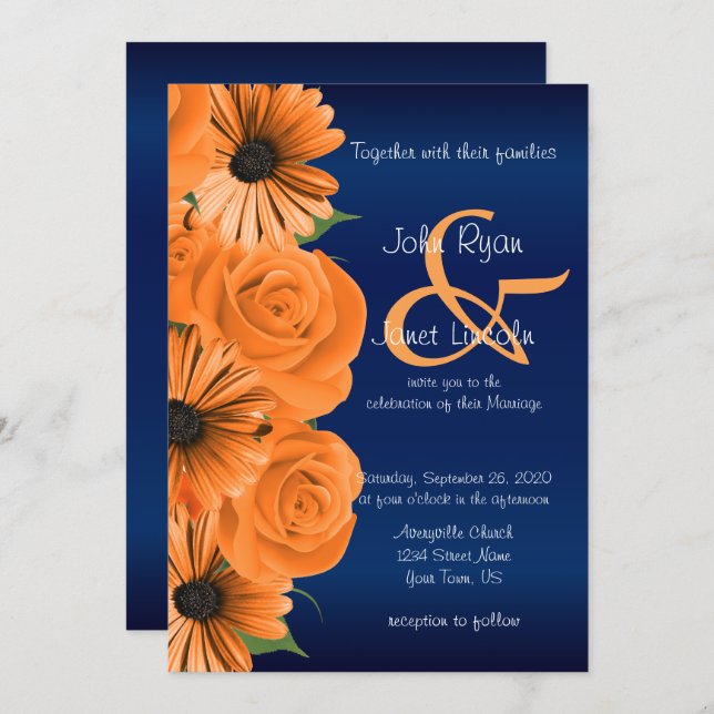 Blue with Orange Rose & Daisy Wedding Invitations (Front/Back)