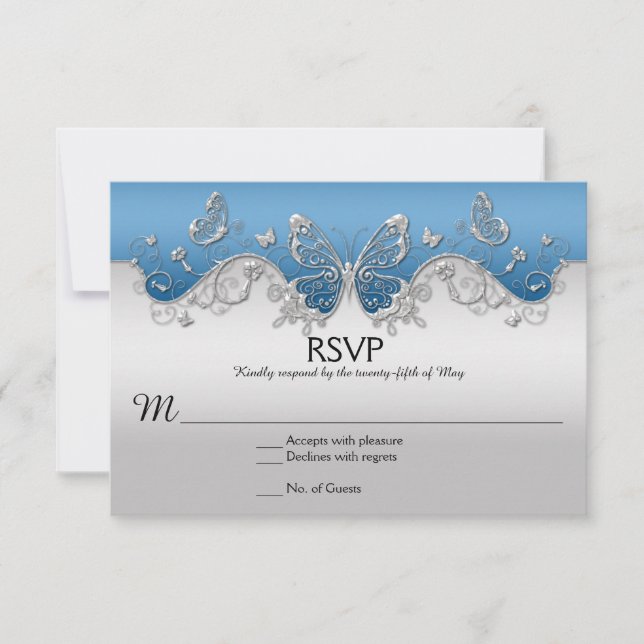Blue with Ornate Silver Butterflies RSVP Card (Front)