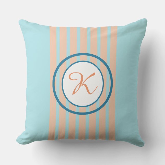 Blue With Peach Stripes And Circle Monogram Throw Pillow (Front)