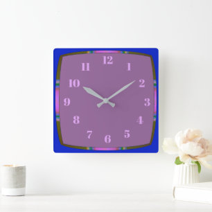 Blue with Rainbow Border and Mauve Centre Square Wall Clock