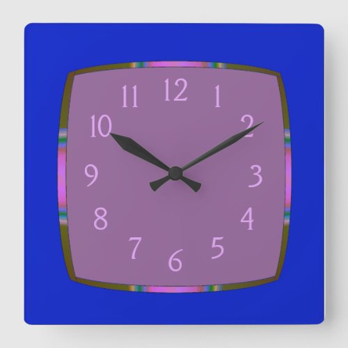 Blue with Rainbow Border and Mauve Centre Square Wall Clock