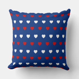 BLUE WITH RED & WHITE HEARTS THROW PILLOW