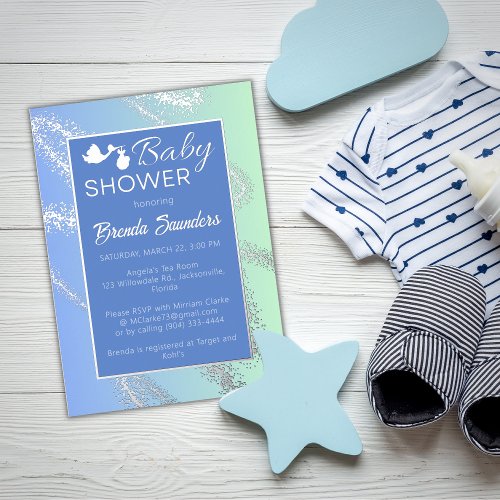 Blue with Silver Foil Baby Shower Invite