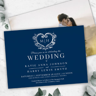 Blue with silver heart custom photo back wedding foil invitation