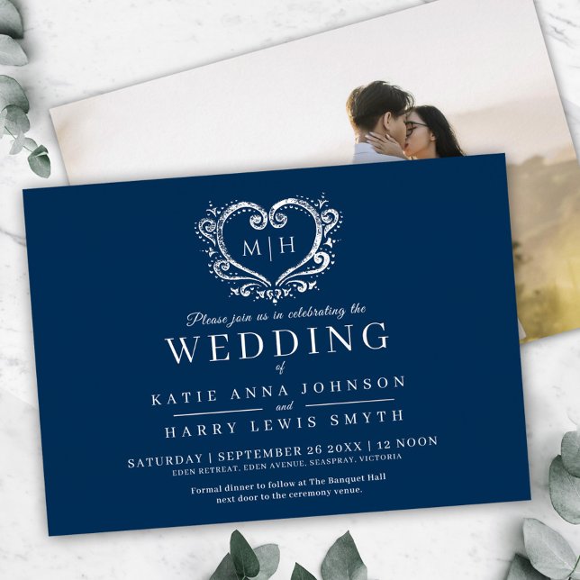 Blue with silver heart custom photo back wedding  foil invitation (Creator Uploaded)