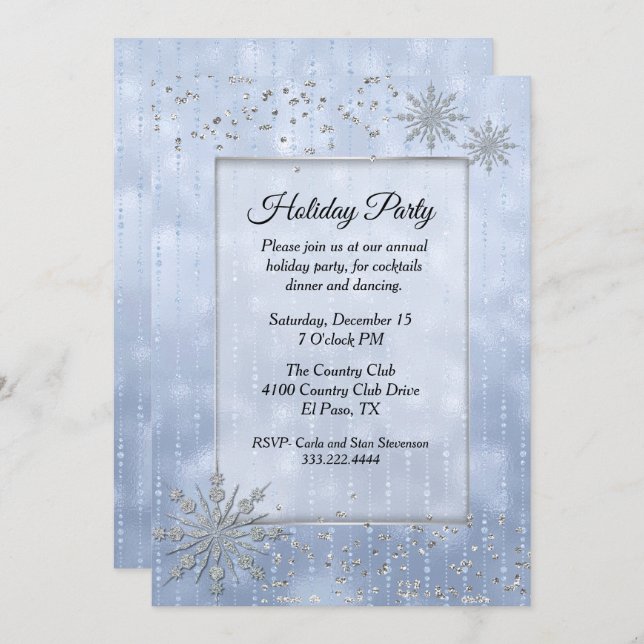 Blue with Silver Snowflakes Holiday Party Invitation (Front/Back)