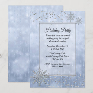 Blue with Silver Snowflakes Holiday Party Invitation
