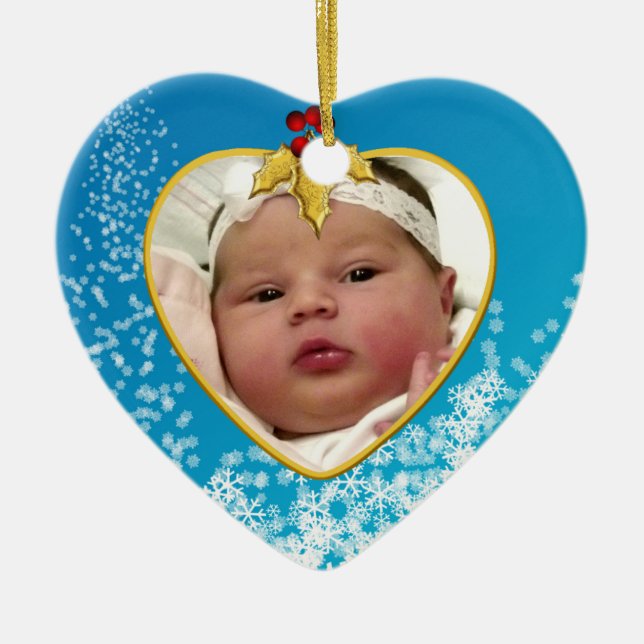 Blue With Snow Baby's First Christmas Heart Ceramic Ornament (Front)