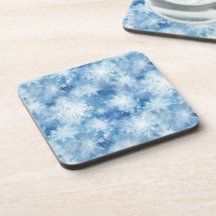Blue with Snowflakes Watercolor Style Beverage Coaster