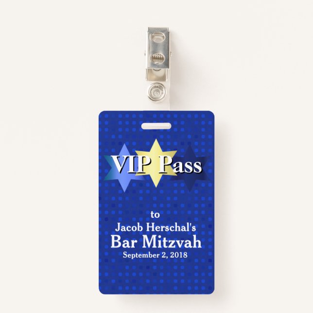 Blue with Stars Bar Mitzvah VIP Party Badge (Front with Clip)