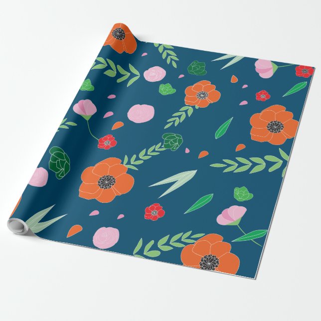 Blue with vibrant color Flower Pattern Wrapping Paper (Unrolled)