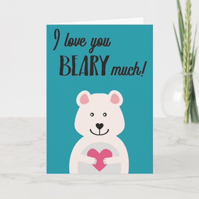 Blue with white bear pink heart word pun Valentine Card (Front)