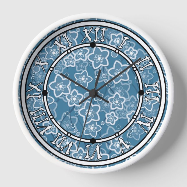 blue with white, blue, flowers, floral, rustic, fa clock (Front)