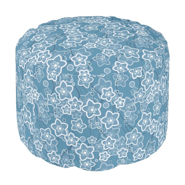 blue with white, blue, flowers, floral, rustic, fa pouf (Angled Back)