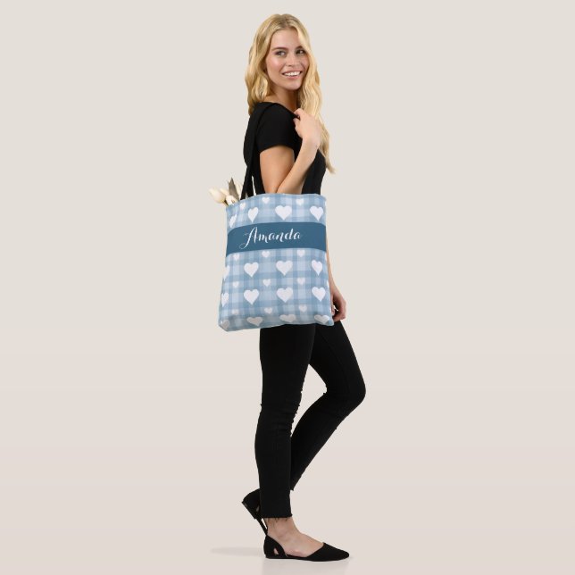 Blue with White Hearts Canvas Tote Bag (On Model)