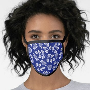 Blue With White Leaves & Flowers Face Mask by JLBIMAGES at Zazzle