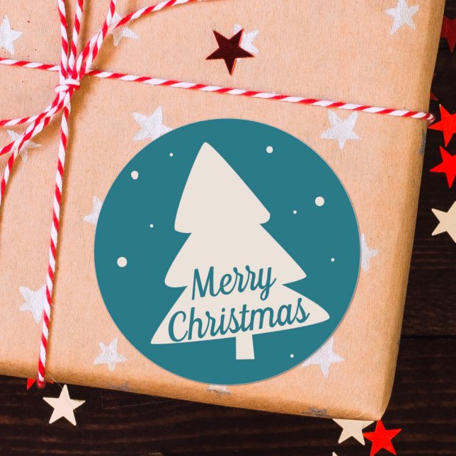 Blue with white pine and snowflake Christmas tree Classic Round Sticker (Creator Uploaded)