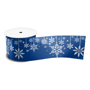 Blue with White Snow Flakes Christmas Satin Ribbon