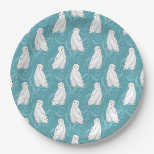 BLUE WITH WHITE SNOW OWL PAPER PLATES