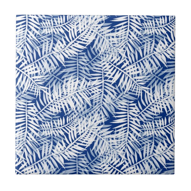 Blue with white tropical pattern ceramic tile (Front)