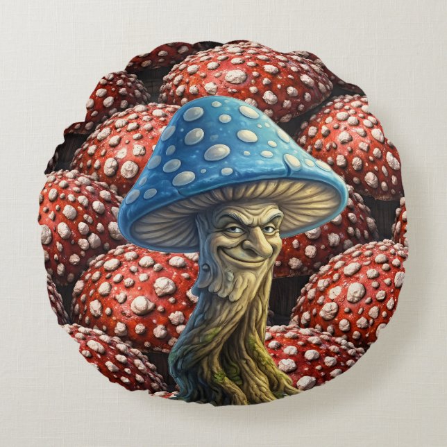 Blue wizard, mushroom whimsical forest fantasy round pillow (Front)