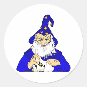 blue wizard with skull classic round sticker