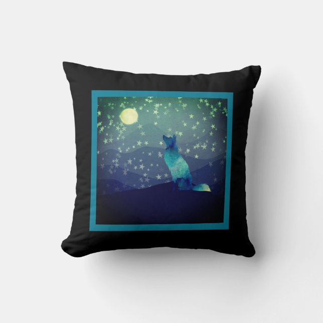 Blue Wolf Admiring Full Moon in the Mountains  Throw Pillow (Front)