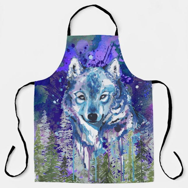 Blue Wolf | Colorful Wolf Drawing | Abstract Art Apron (Front)