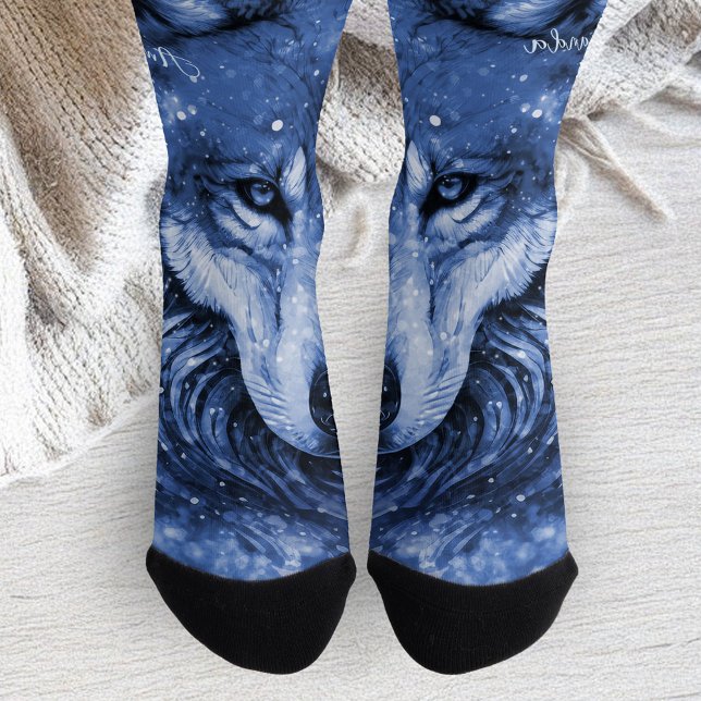 Blue Wolf Cosmic Celestial Sky Stars Personalized Socks (Blue Wolf Cosmic Celestial Sky Stars Personalized Socks)