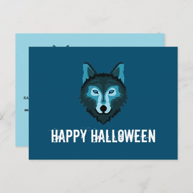 Blue Wolf, Halloween Party Invitation Postcard (Front/Back)