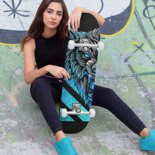 Blue Wolf Head  Skateboard