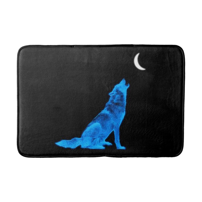 Blue Wolf Howling at Moon Bathroom Mat (Front)
