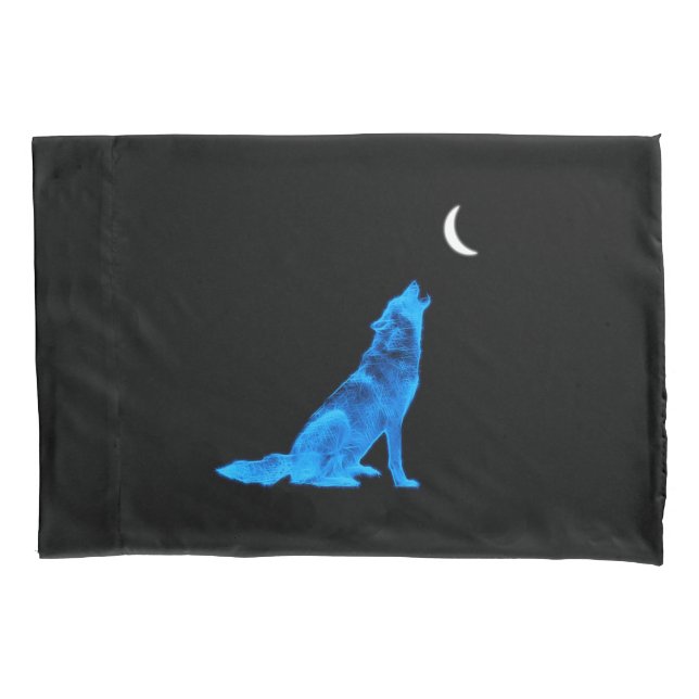 Blue Wolf Howling at Moon Pillow Case (Front)