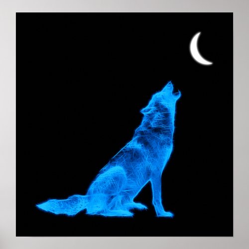 Blue Wolf Howling at Moon Poster