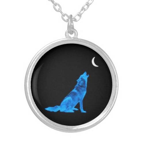 Blue Wolf Howling at Moon Silver Plated Necklace