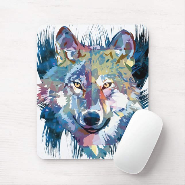Blue Wolf Mousepad | Colorful Wolf Drawing (With Mouse)