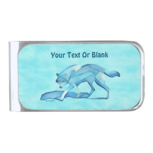 Blue Wolf On Snow Silver Finish Money Clip
