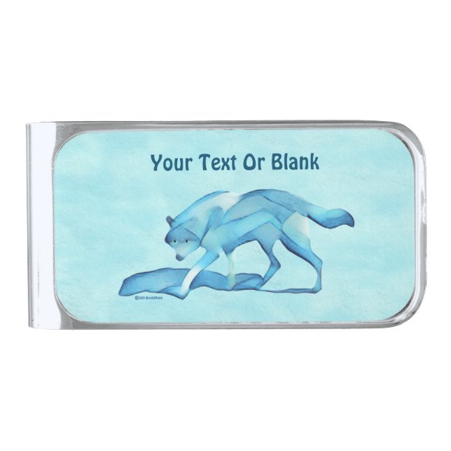 Blue Wolf On Snow Silver Finish Money Clip (Front)