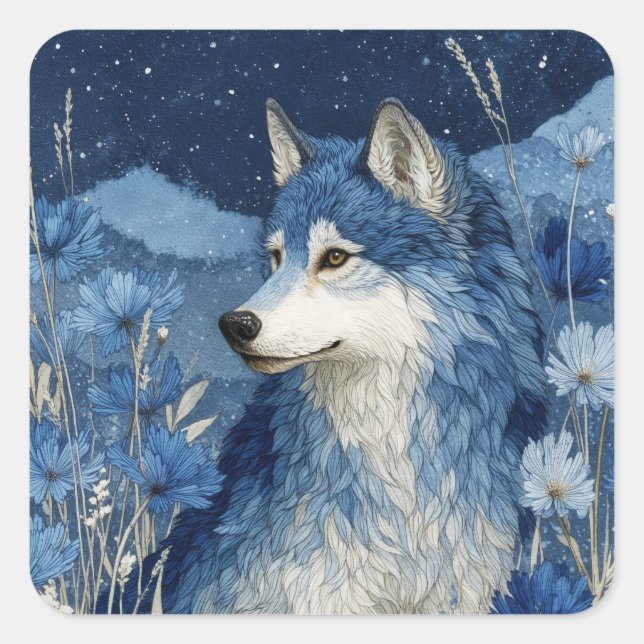Blue Wolf Portrait Under Starry Night Sky Square Sticker (Front)