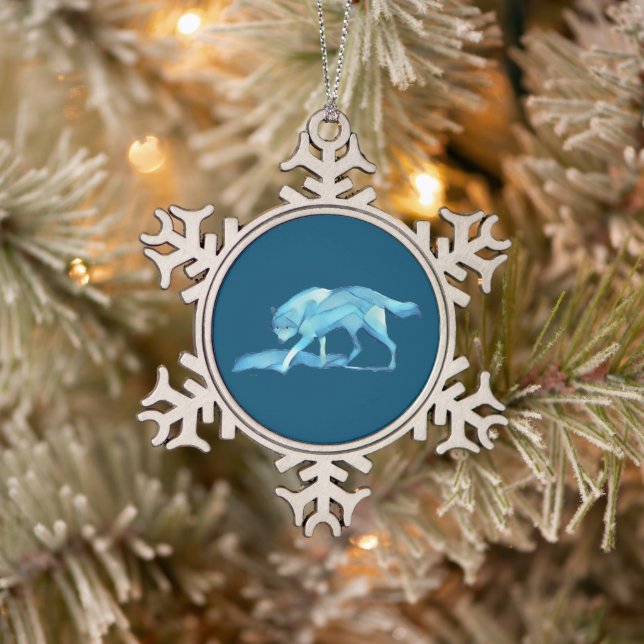 Blue Wolf Snowflake Pewter Christmas Ornament (Tree)