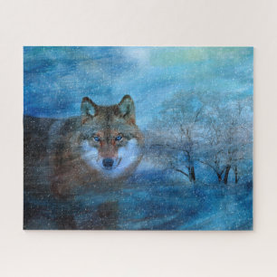 Blue Wolf Winter Forest Wildlife Painting Jigsaw Puzzle