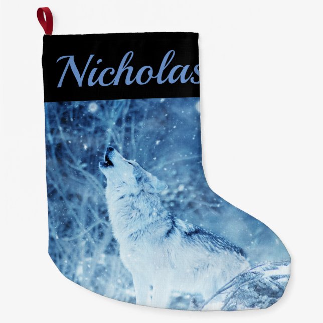 Blue Wolf with Name Large Christmas Stocking (Front)