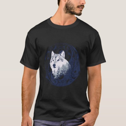 Blue Wolf Yin Yang Mandala Forest Nature Art Desig T_Shirt